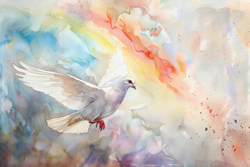 A Majestic Dove in Flight Against a Vibrant Watercolor Backdrop Full of Vivid Hues