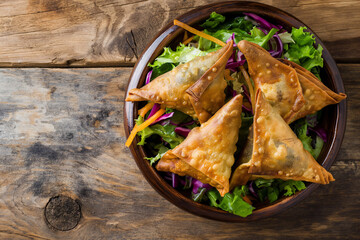 Fresh Mixed Salad with Golden Fried Samosas Served in Wooden Bowl