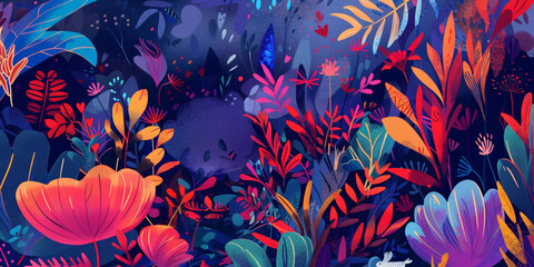 Mysterious Jungle with Flora and Hidden Skull Illustration - obrazy, fototapety, plakaty