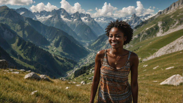 Ragazza di origini africane sorride felice durante una vacanza mentre cammina in un trekking estivo in montagna su un sentiero delle  Alpi 