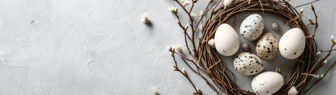 Easter wreaths with willow branches and eggs on gray background, ecommerce banner, top view