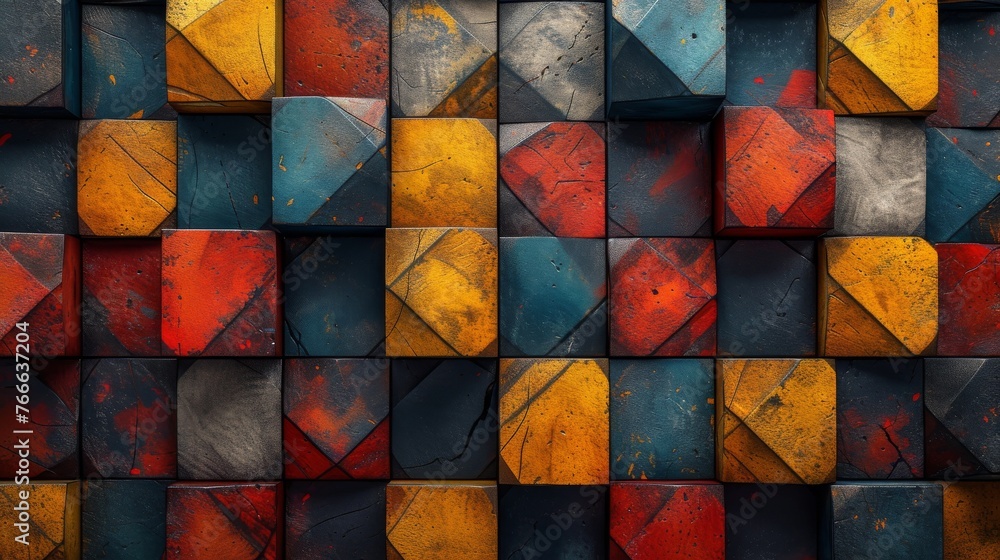 Poster a vivid abstract pattern of geometric shapes and colors, reminiscent of cubist art, creating a textu