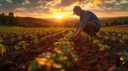 Farmer working on a vegetable field in the morning