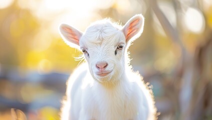 Obraz premium Cute white goat baby, portrait photo, blurred background