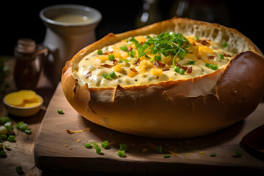 Creamy Potato and corn chowder in a bread bowl. Generated AI