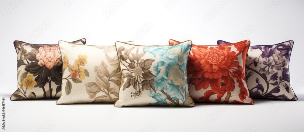 Poster a detailed view showing a collection of four cushions each featuring unique and varied designs