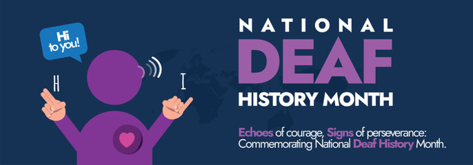 National Deaf History Month. National deaf history month celebration cover with men symbol doing sign language of word I and H. Embracing people with hearing disability. Deaf people solitary idea - obrazy, fototapety, plakaty
