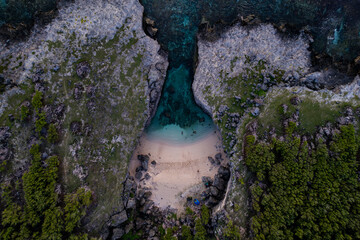 Aerial top view of Anse Bouteille during a morning in Rodrigues island	