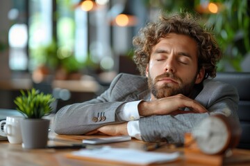 Drained manager dozes off at desk, dressed in formal attire in well-lit office. - obrazy, fototapety, plakaty
