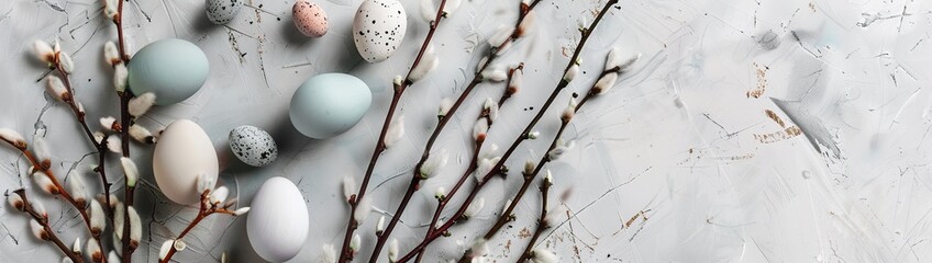 Easter wreaths with willow branches and eggs on gray background, top view banner, flat lay, copy space concept - obrazy, fototapety, plakaty