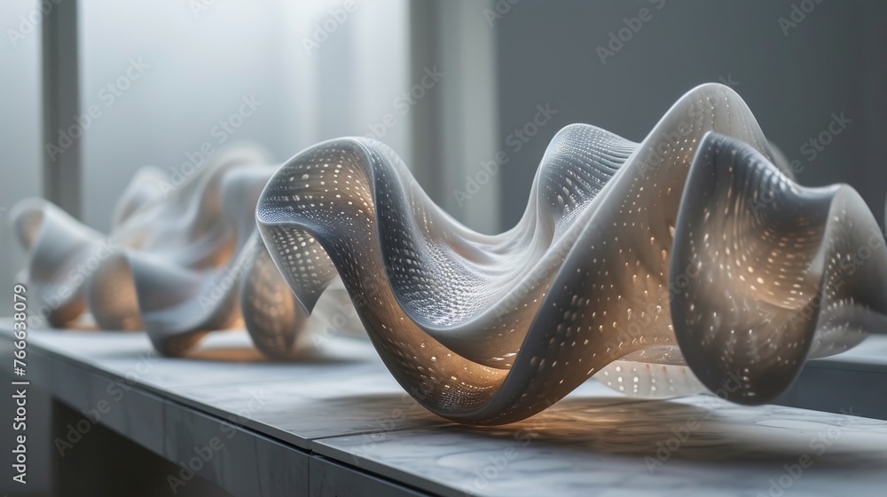 Aufkleber a sculptural wave form with intricate perforations displayed on a reflective surface, evoking modern