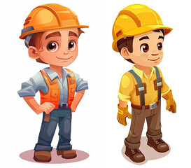 Fototapeta premium Set of engineer​ boy cartoon isometric​ isolated​ on white​ background​