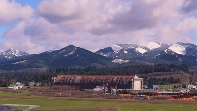 Tillamook Oregon Snow Capped Mountains Pastures and Airport Drone Video 3