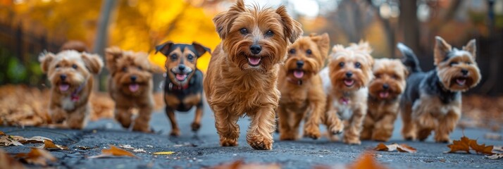 Urban pet walking service: Mixed breeds on a park adventure