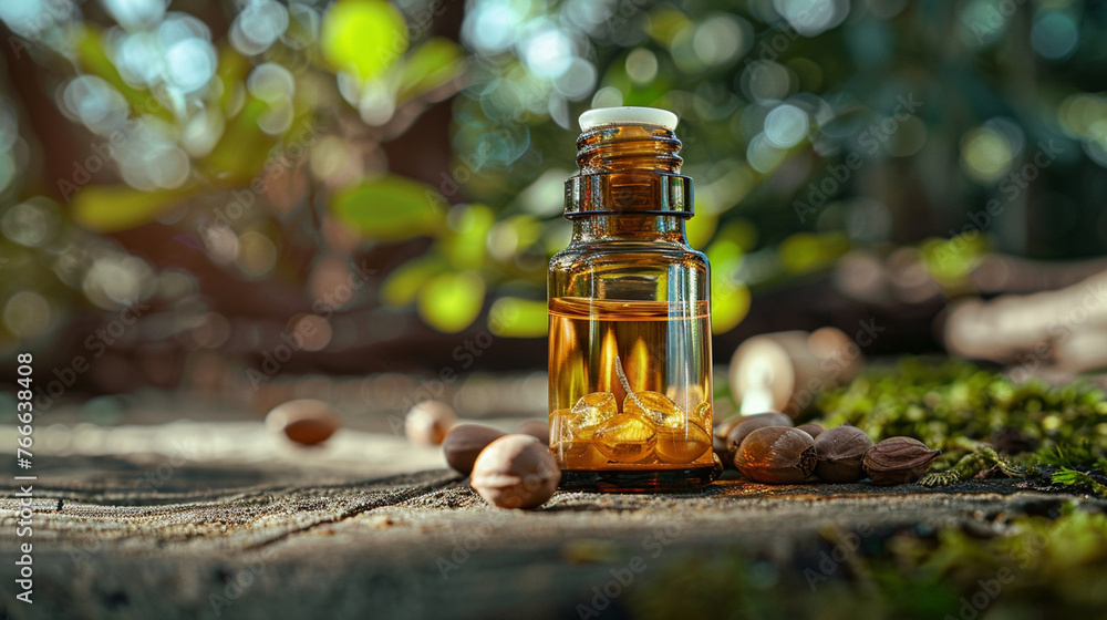 Sticker argan essential oil on a wooden background