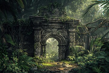 A mysterious ancient stone gate in the middle of an enchanting forest, surrounded by lush greenery and exotic plants.
