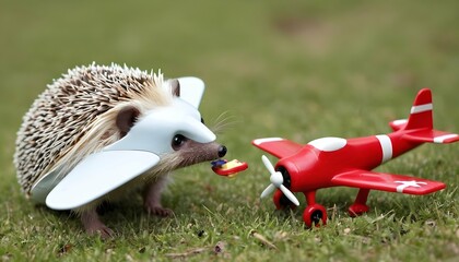 A Hedgehog Playing With A Toy Plane