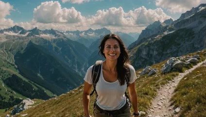 Deurstickers Ragazza dai capelli castani sorride felice mentre cammina durante un trekking estivo in montagna su un sentiero delle Alpi © Wabisabi