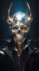 Glowing metallic chrome skull, frontal view