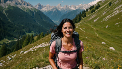 Naklejka premium Ragazza dai capelli neri sorride felice mentre cammina durante un trekking estivo in montagna su un sentiero delle Alpi