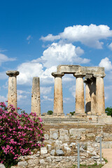 The archaic temple of Apollo, in ancient Corinth, Greece. It was built with monolithid doric columns, around 530 BC.