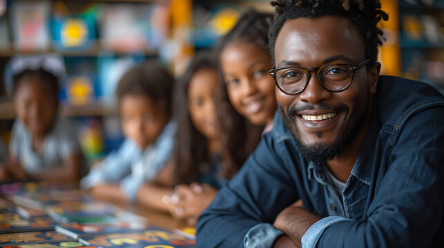 Professeur dans sa classe avec des jeunes enfants en primaire ou en maternelle, homme noir black africain