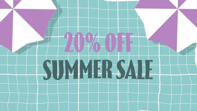 End of summer sale text animation. Sale with 20% off. Blue pool like background with two beach umbrellas in the top corners. Sale advertisement for business.