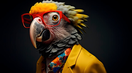 A bird wearing glasses and clothes, a parrot with glasses, a macaw with glasses. - obrazy, fototapety, plakaty