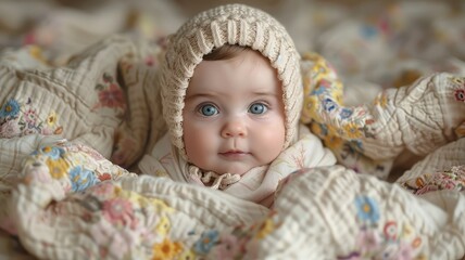 Fototapeta na wymiar portrait of cute little american baby kid wrapped in soft white blanket on a bed