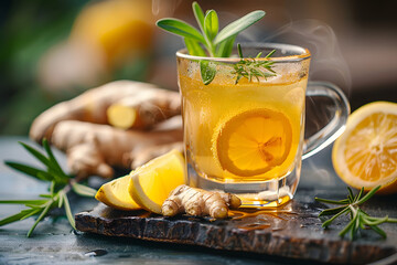Ginger and lemon fresh cocktail, Hot ginger juice in glass and mint with slices ginger root herbal juice tea rosemary nature background - obrazy, fototapety, plakaty