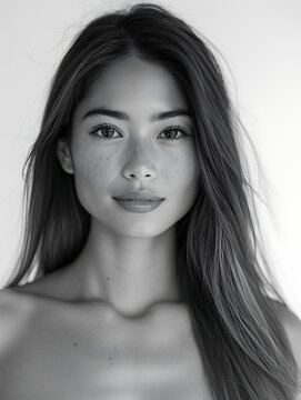 A black and white portrait of a young woman with freckles and long hair looking directly at the camera with a serene expression. 