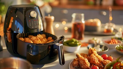 A modern air fryer sits on a kitchen counter surrounded by deliciously cooked chicken and fresh vegetables with warm, soft lighting 