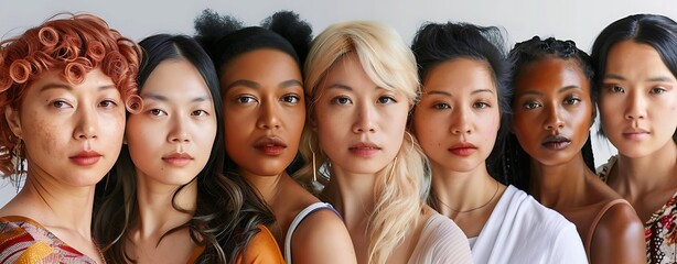 A diverse group of seven women showcasing a range of ethnicities and hairstyles against a neutral background for versatile use in various media applications 