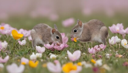 Mice In A Flower Field Gathering Petals For Nests