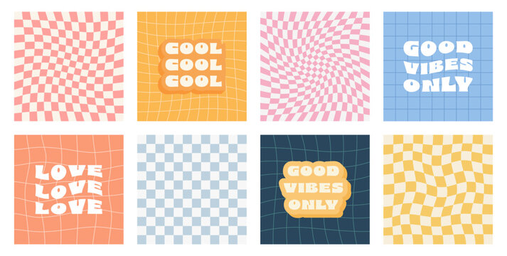 Retro groovy 70s backgrounds with different inscription. Twisted and distorted chessboard, mesh and lines. Funky hippie fashion texture in trendy retro psychedelic style. Vector illustration