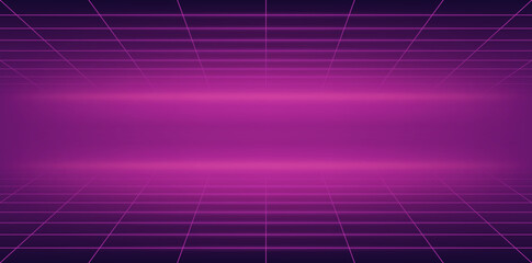 Futuristic perspective grid background. Abstract cyberpunk wireframe with pink grid line on dark purple background with shiny and glowing effect. Virtual reality landscape in 80s 90s digital style