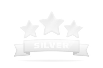 Silver star badge with ribbon in 3d style with glowing effect. Customer reviews rating about the product. Design concept of rating, award and feedback. Vector illustration