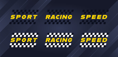 Naklejka premium Race sport flag set isolated on dark background. Flags with sport, racing and speed inscription. Start and Finish. Competition between auto, moto, bicycle and by people. Vector illustration