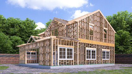 Frame house construction site. 3d illustration