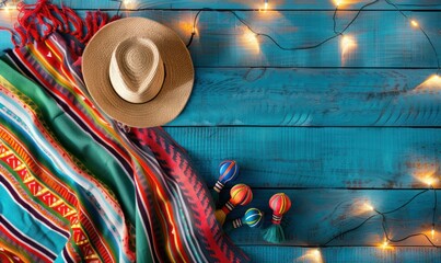 Mexican sombrero, hat and maracas on blue wooden background