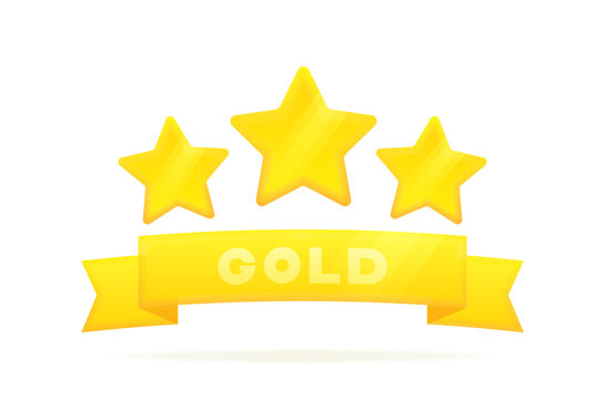 Gold star badge with ribbon in 3d style with glowing effect. Customer reviews rating about the product. Design concept of rating, award and feedback. Vector illustration