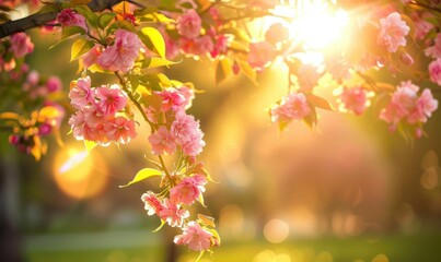 Beautiful cherry blossom sakura in spring time with soft focus. Blossoming branch of pink sakura flowers blooming in spring.