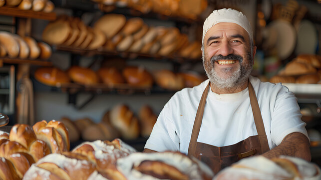 A warm and welcoming photo in a bakery with a smiling baker among fresh bread