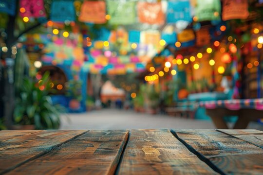Fototapeta Empty wooden table and blurred background of street with colorful lights, product display montage