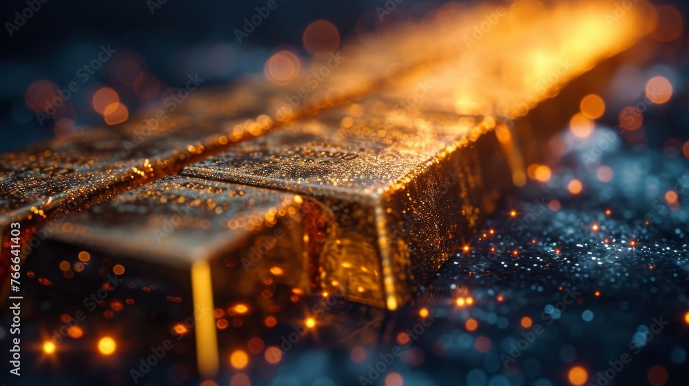 Poster multiple gold bars on a bokeh light background, symbolizing wealth and opulence, with a focus on the