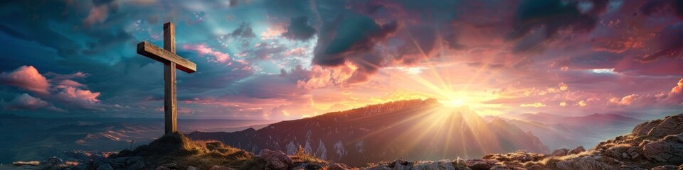 Cross on the top of the mountain at sunset. Panorama. - obrazy, fototapety, plakaty