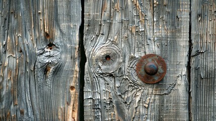 Rustic wooden door with a metal doorknob. The wood is weathered and has a knot in the center. The doorknob is old and rusty.