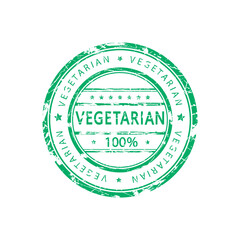 Vegetarian label with green leaves, round stamp, sticker, vector graphic, isolated vector on white background. Grunge stamp