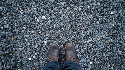 Looking down at a pair of brown leather shoes on a pebble beach. The shoes are untied and the person is standing with their feet shoulder-width apart.