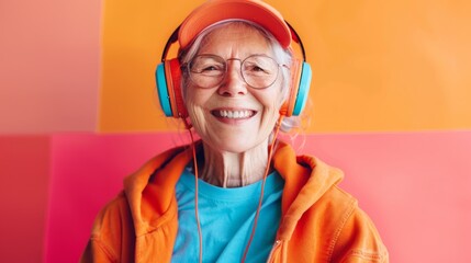 Portrait of a hipster woman listening to music against a colorful background